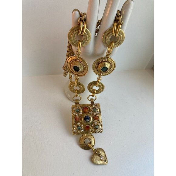 Vintage CLAIRE DEVE Gold Metal Double Chain Etruscan Statement Runway Necklace - Picture 8 of 16